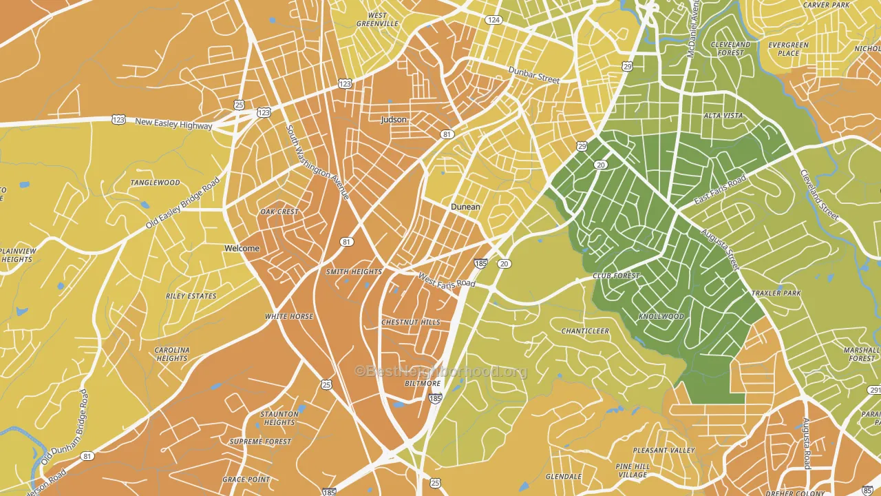 Map of the best neighborhoods in the Dunean area, with better matches in green and worse matches in red