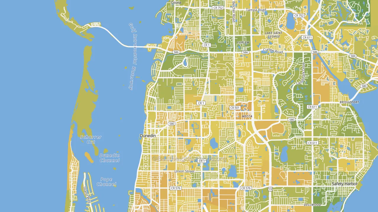 Map of the best neighborhoods in the Dunedin area, with better matches in green and worse matches in red