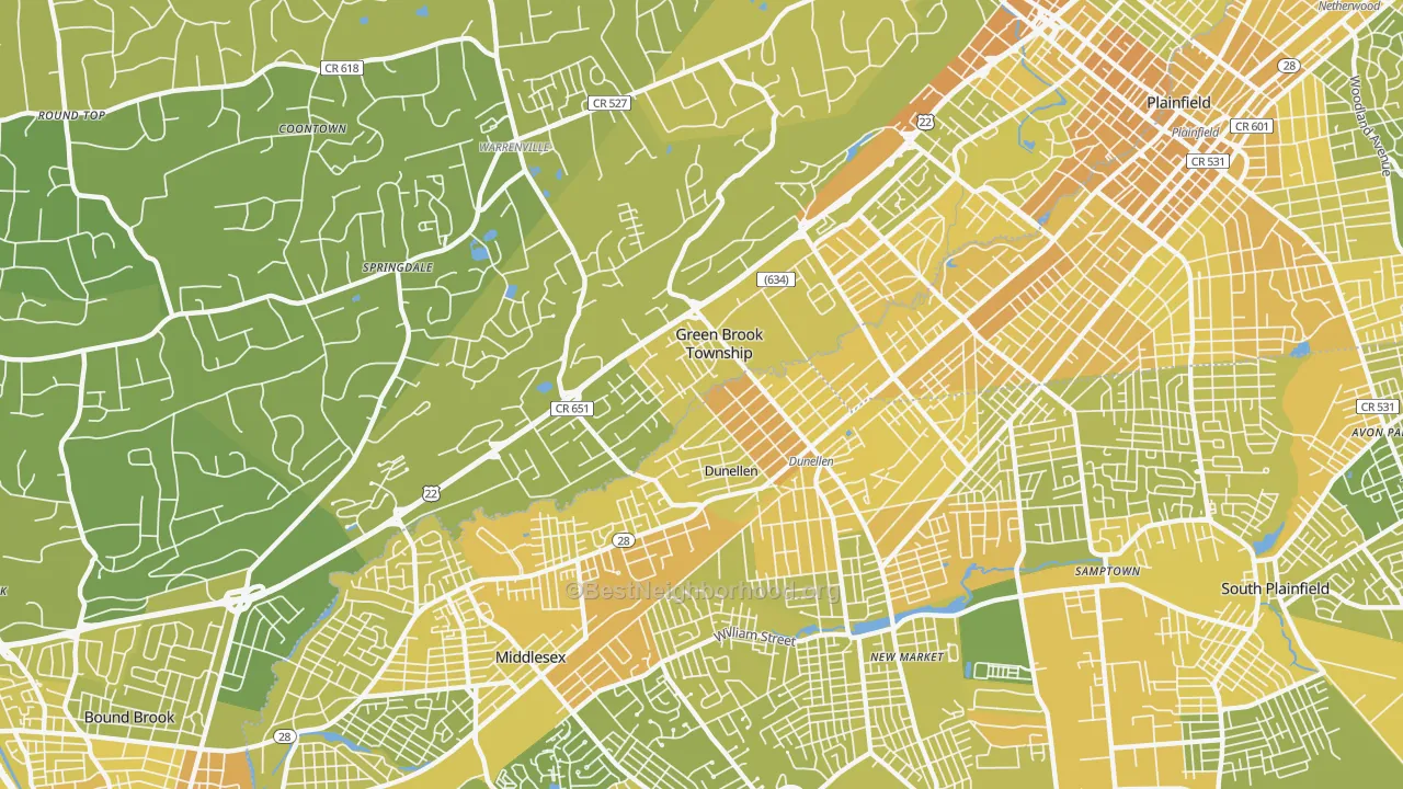Map of the best neighborhoods in the Dunellen area, with better matches in green and worse matches in red