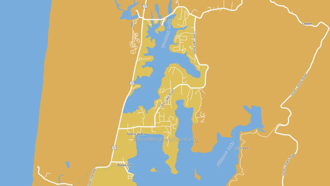 Map of the best neighborhoods in the Dunes City area, with better matches in green and worse matches in red