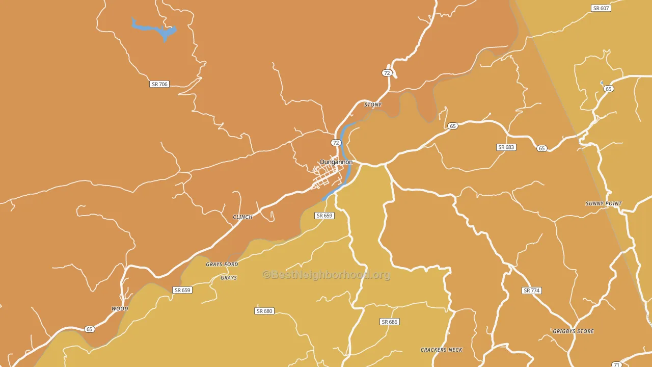 Map of the best neighborhoods in the Dungannon area, with better matches in green and worse matches in red