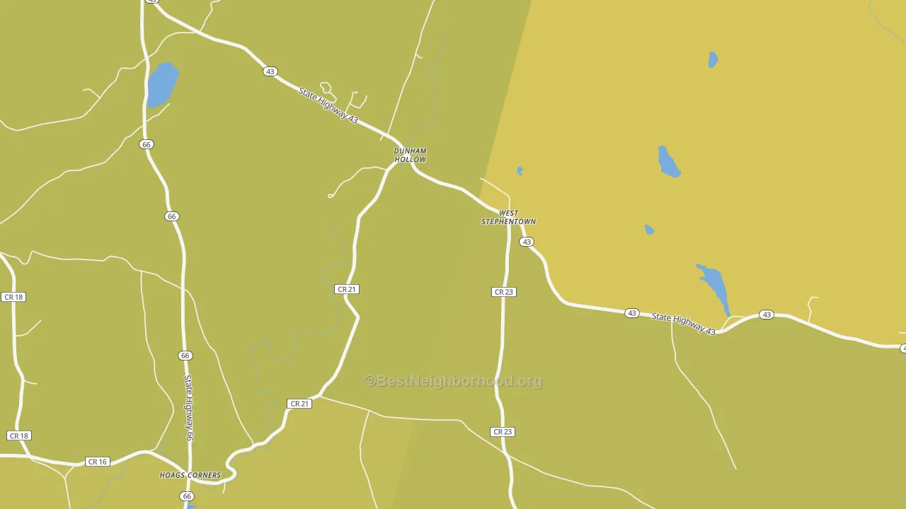 Map of the best neighborhoods in the Dunham Hollow area, with better matches in green and worse matches in red