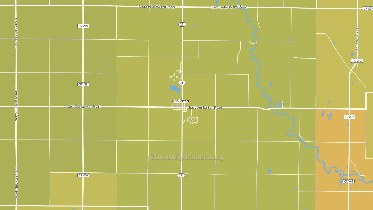 Map of the best neighborhoods in the Dunkerton area, with better matches in green and worse matches in red