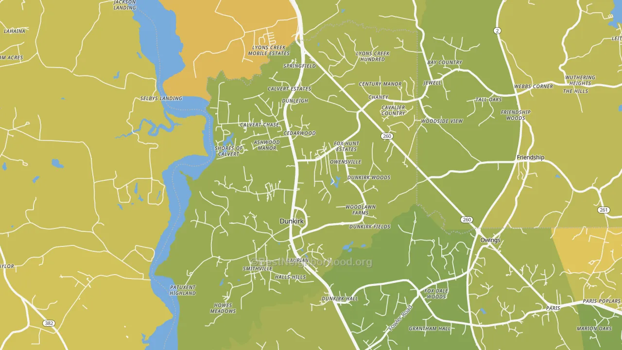 Map of the best neighborhoods in the Dunkirk area, with better matches in green and worse matches in red