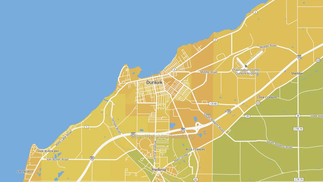 Map of the best neighborhoods in the Dunkirk area, with better matches in green and worse matches in red