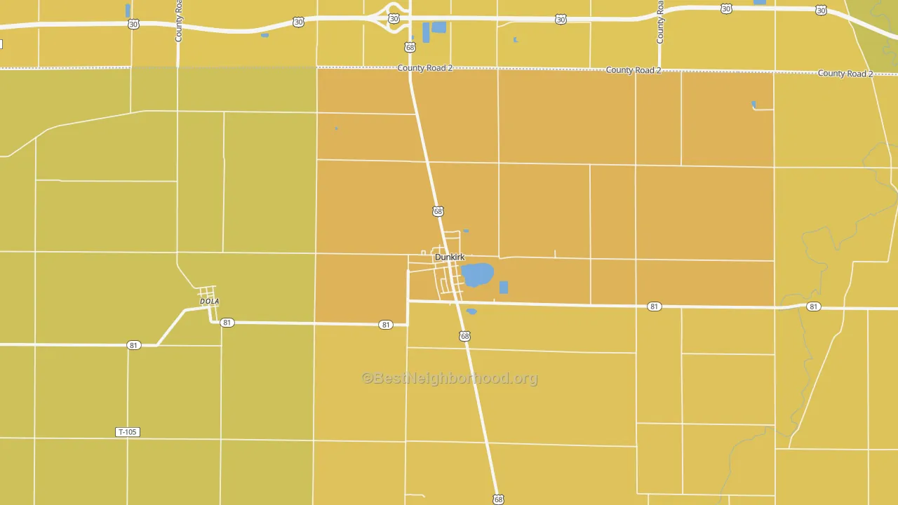 Map of the best neighborhoods in the Dunkirk area, with better matches in green and worse matches in red