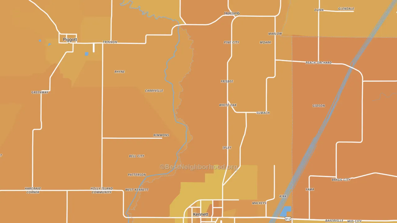 Map of the best neighborhoods in the Dunklin County area, with better matches in green and worse matches in red