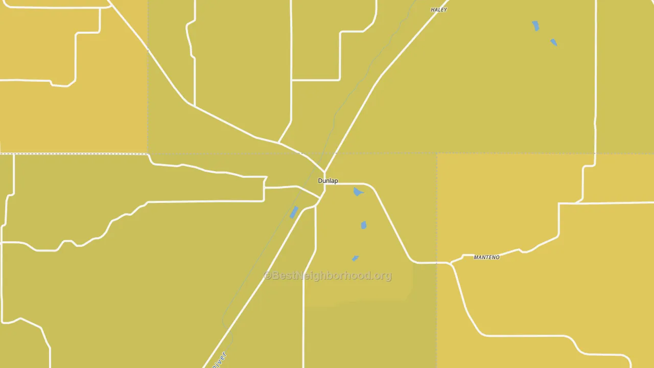 Map of the best neighborhoods in the Dunlap area, with better matches in green and worse matches in red