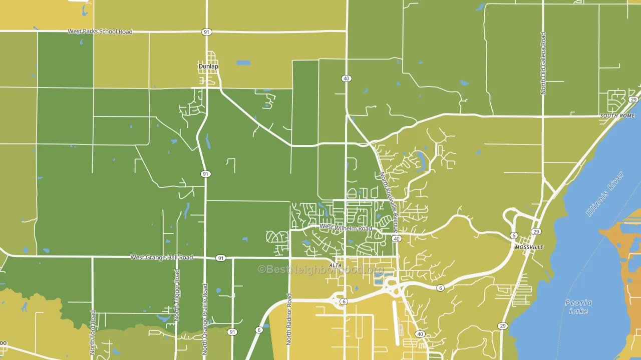Map of the best neighborhoods in the Dunlap area, with better matches in green and worse matches in red