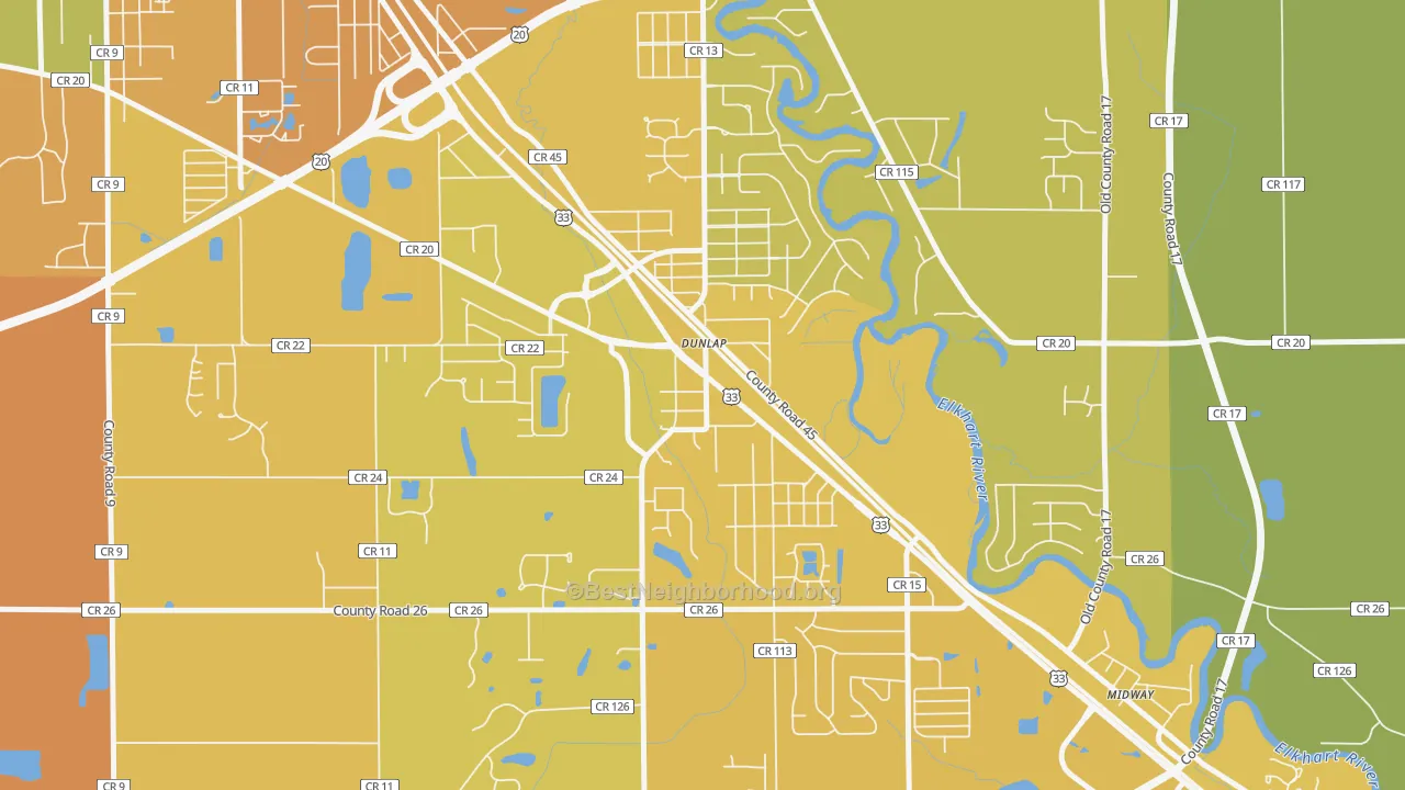 Map of the best neighborhoods in the Dunlap area, with better matches in green and worse matches in red
