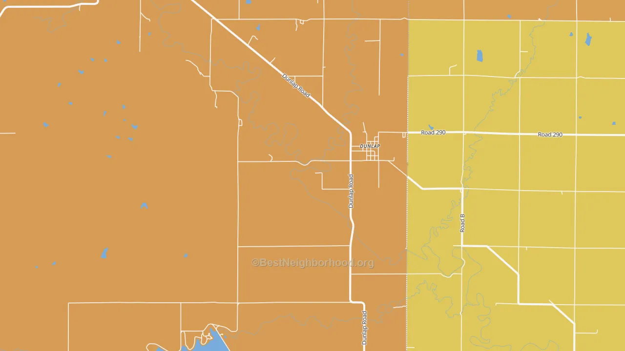 Map of the best neighborhoods in the Dunlap area, with better matches in green and worse matches in red