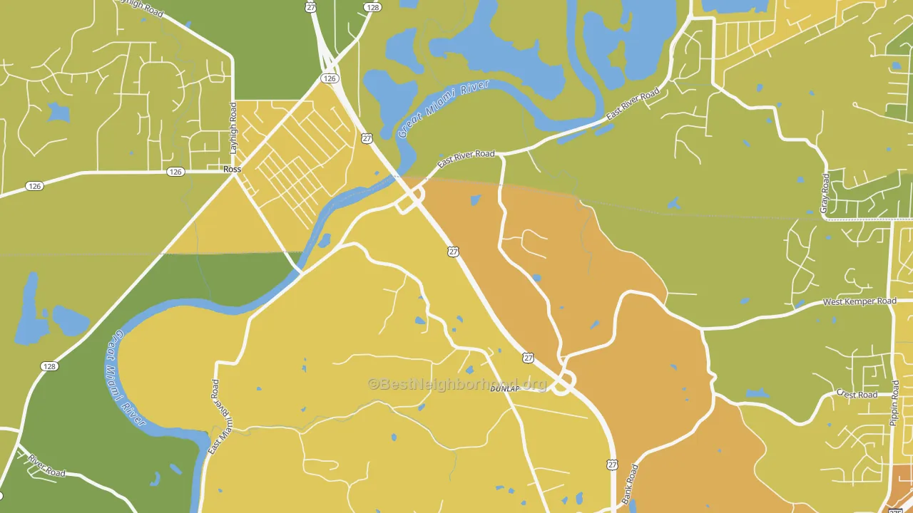 Map of the best neighborhoods in the Dunlap area, with better matches in green and worse matches in red