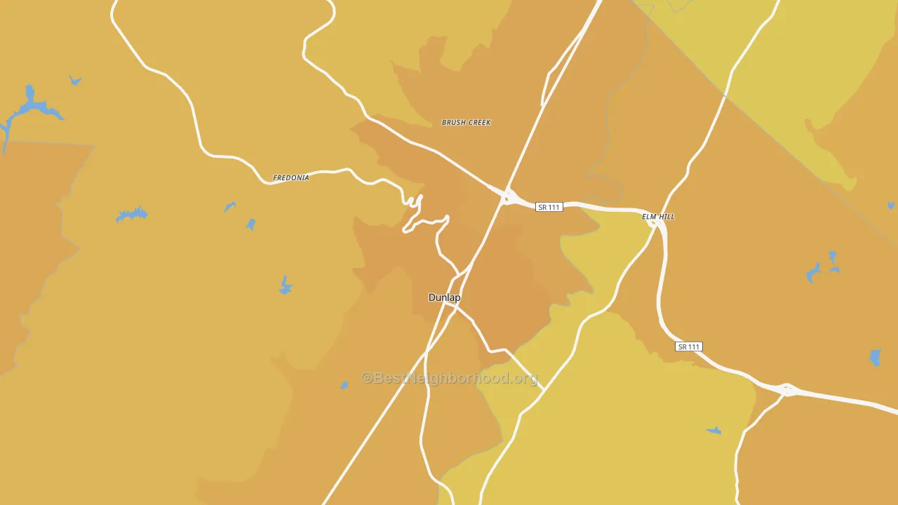 Map of the best neighborhoods in the Dunlap area, with better matches in green and worse matches in red