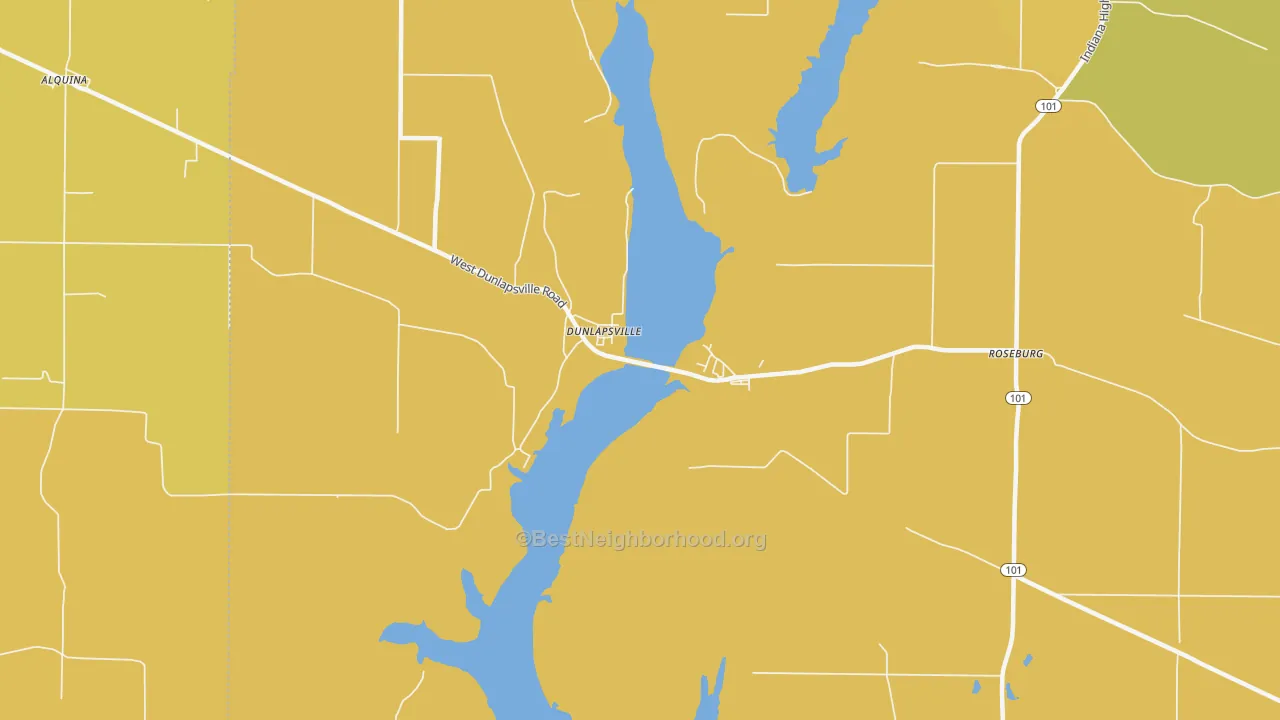 Map of the best neighborhoods in the Dunlapsville area, with better matches in green and worse matches in red