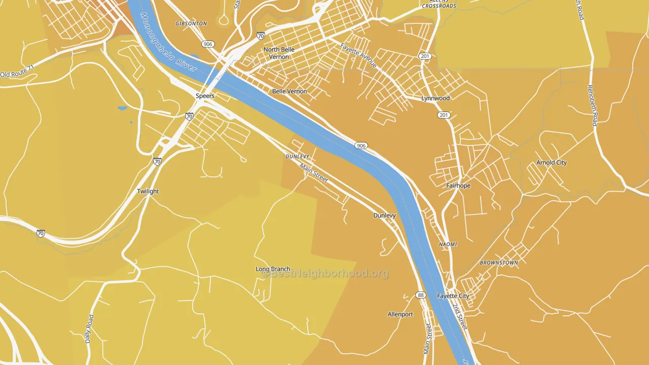 Map of the best neighborhoods in the Dunlevy area, with better matches in green and worse matches in red