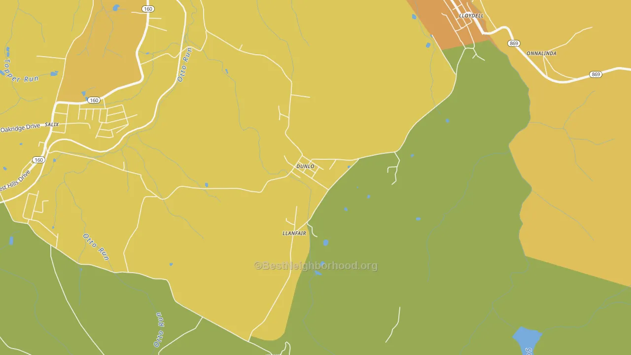 Map of the best neighborhoods in the Dunlo area, with better matches in green and worse matches in red