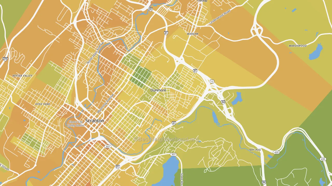 Map of the best neighborhoods in the Dunmore area, with better matches in green and worse matches in red