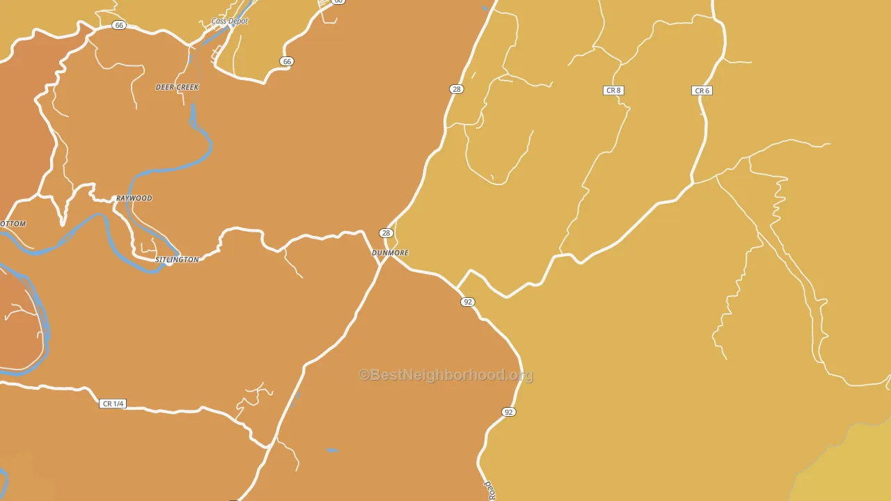 Map of the best neighborhoods in the Dunmore area, with better matches in green and worse matches in red