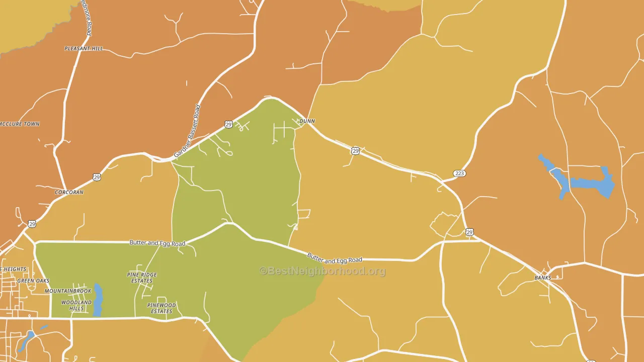 Map of the best neighborhoods in the Dunn area, with better matches in green and worse matches in red