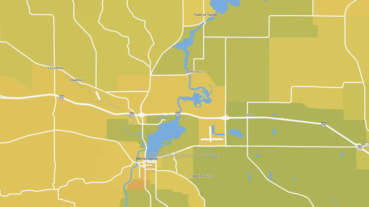 Map of the best neighborhoods in the Dunn County area, with better matches in green and worse matches in red