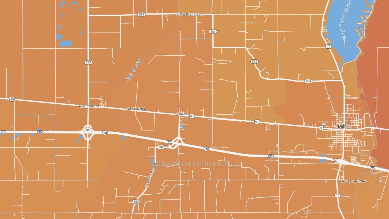 Map of the best neighborhoods in the Dunn area, with better matches in green and worse matches in red