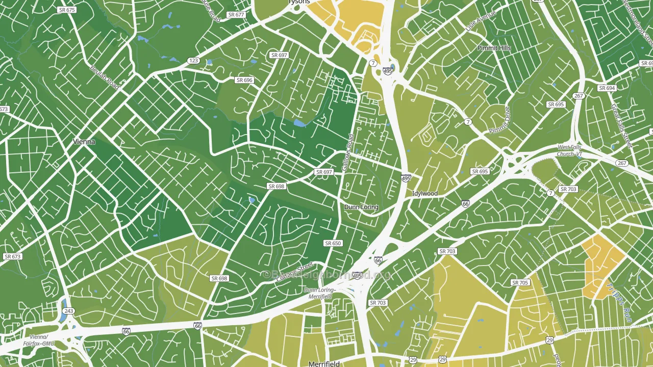 Map of the best neighborhoods in the Dunn Loring area, with better matches in green and worse matches in red
