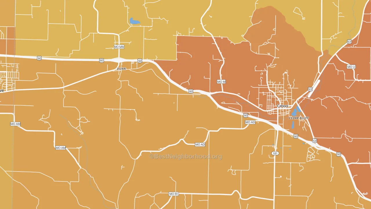 Map of the best neighborhoods in the Dunn area, with better matches in green and worse matches in red