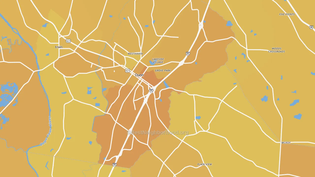 Map of the best neighborhoods in the Dunn area, with better matches in green and worse matches in red