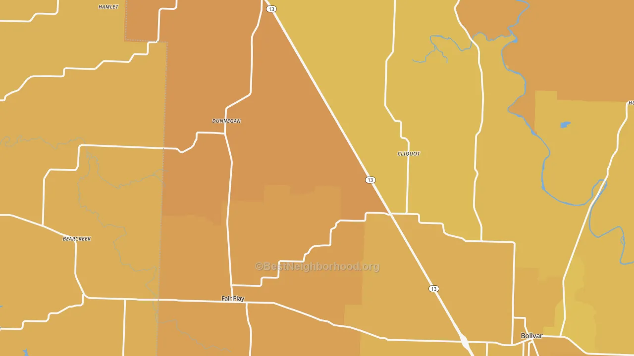 Map of the best neighborhoods in the Dunnegan area, with better matches in green and worse matches in red