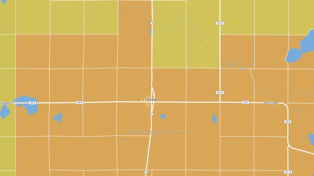 Map of the best neighborhoods in the Dunnell area, with better matches in green and worse matches in red