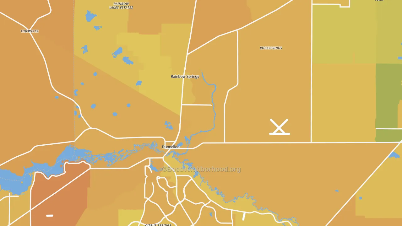 Map of the best neighborhoods in the Dunnellon area, with better matches in green and worse matches in red