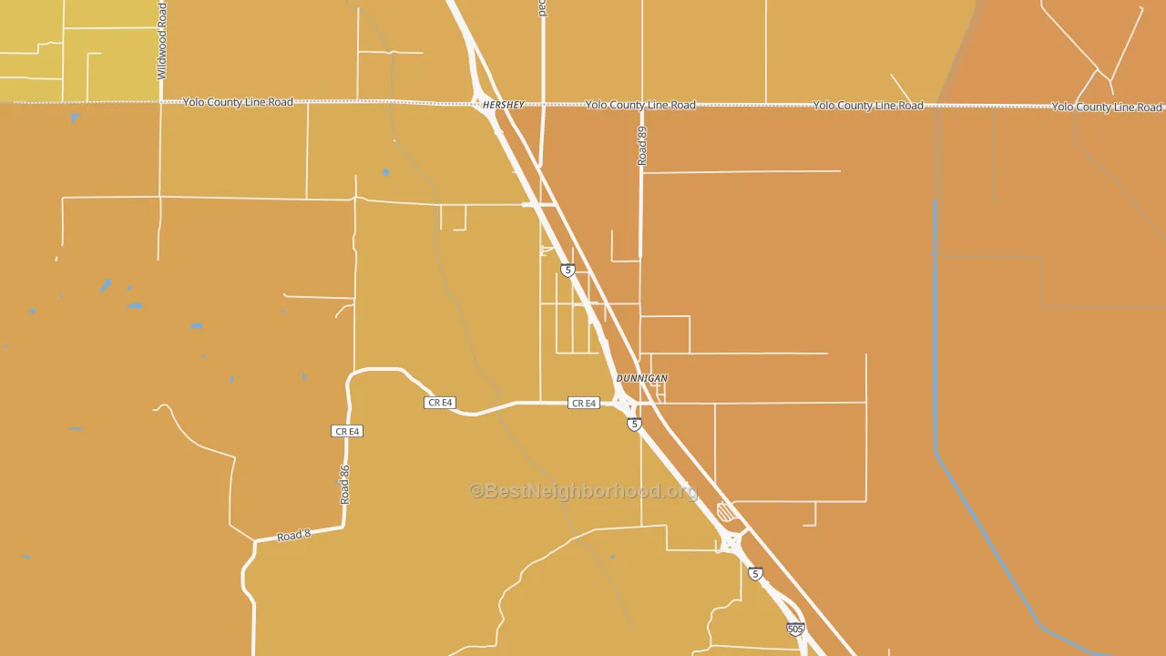 Map of the best neighborhoods in the Dunnigan area, with better matches in green and worse matches in red