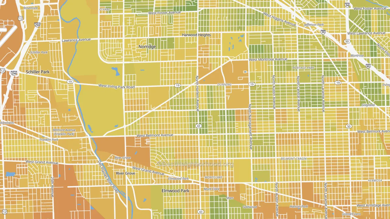 Map of the best neighborhoods in the Dunning, Chicago area, with better matches in green and worse matches in red