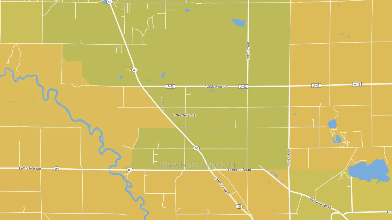 Map of the best neighborhoods in the Dunningville area, with better matches in green and worse matches in red