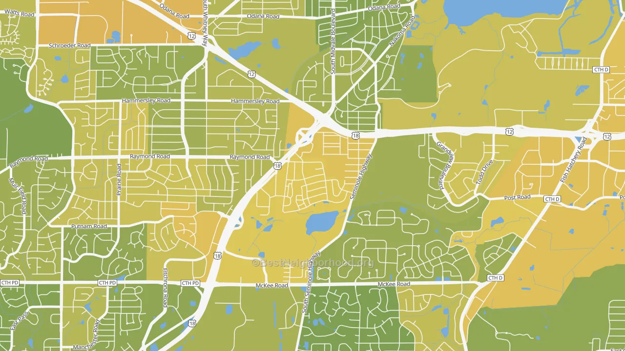 Map of the best neighborhoods in the Dunn's Marsh, Madison area, with better matches in green and worse matches in red