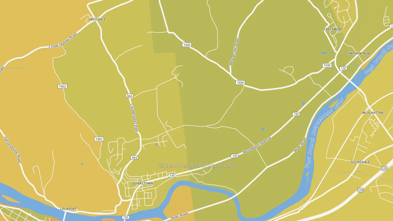 Map of the best neighborhoods in the Dunnstown area, with better matches in green and worse matches in red