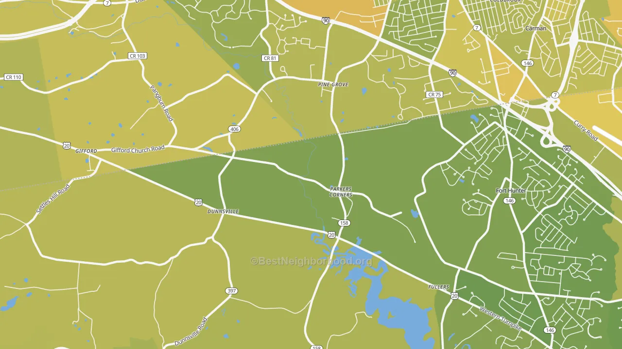 Map of the best neighborhoods in the Dunnsville area, with better matches in green and worse matches in red