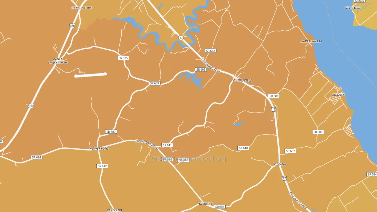 Map of the best neighborhoods in the Dunnsville area, with better matches in green and worse matches in red