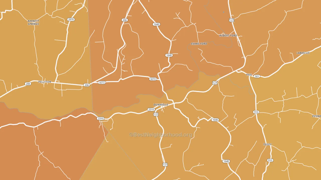 Map of the best neighborhoods in the Dunnville area, with better matches in green and worse matches in red