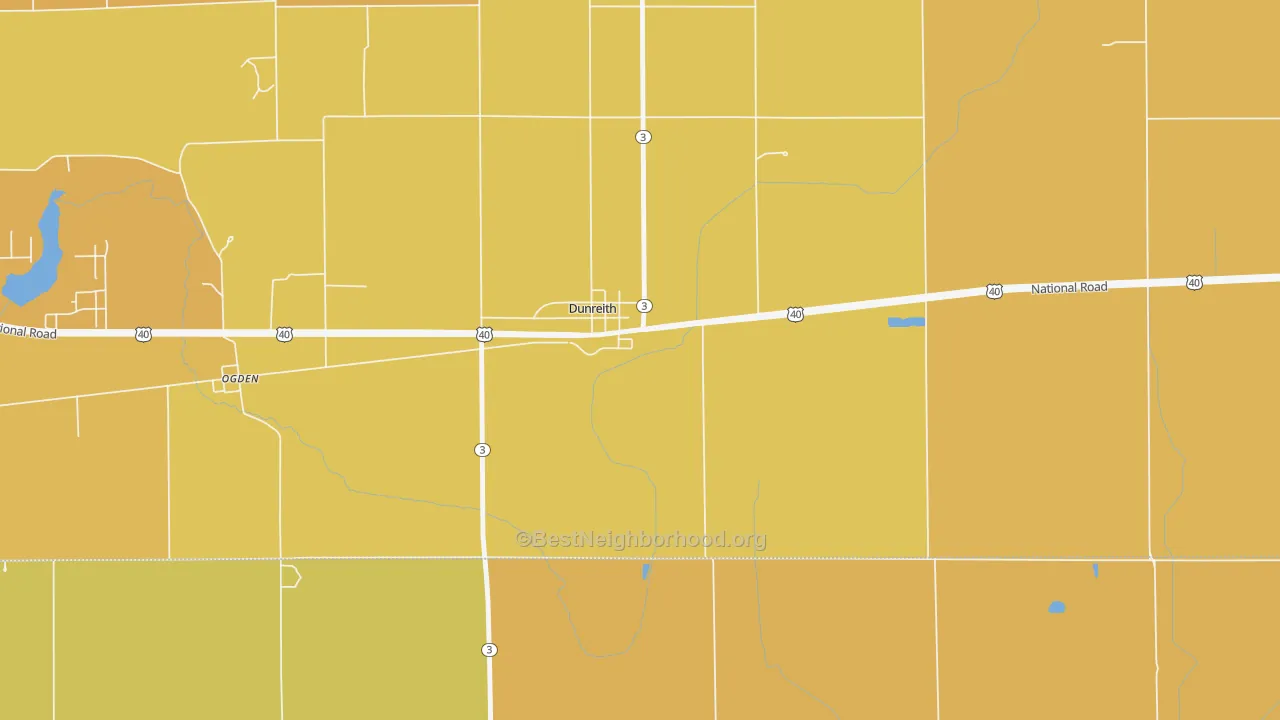 Map of the best neighborhoods in the Dunreith area, with better matches in green and worse matches in red