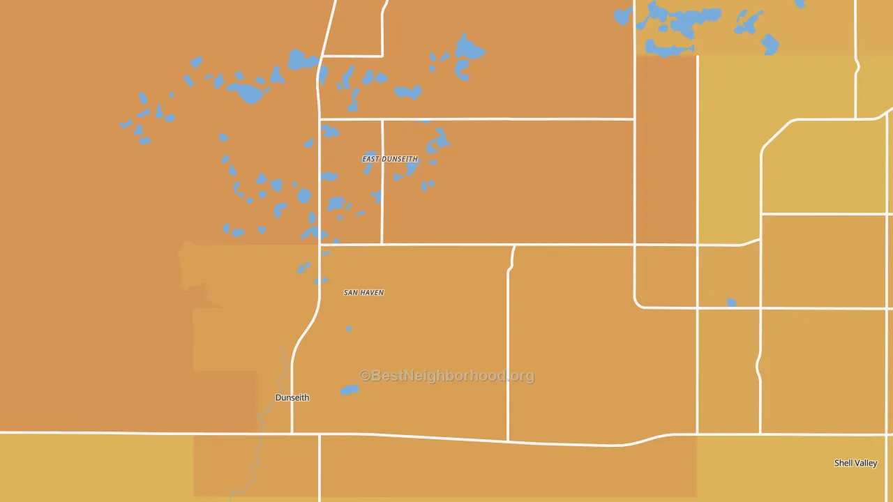 Map of the best neighborhoods in the Dunseith area, with better matches in green and worse matches in red