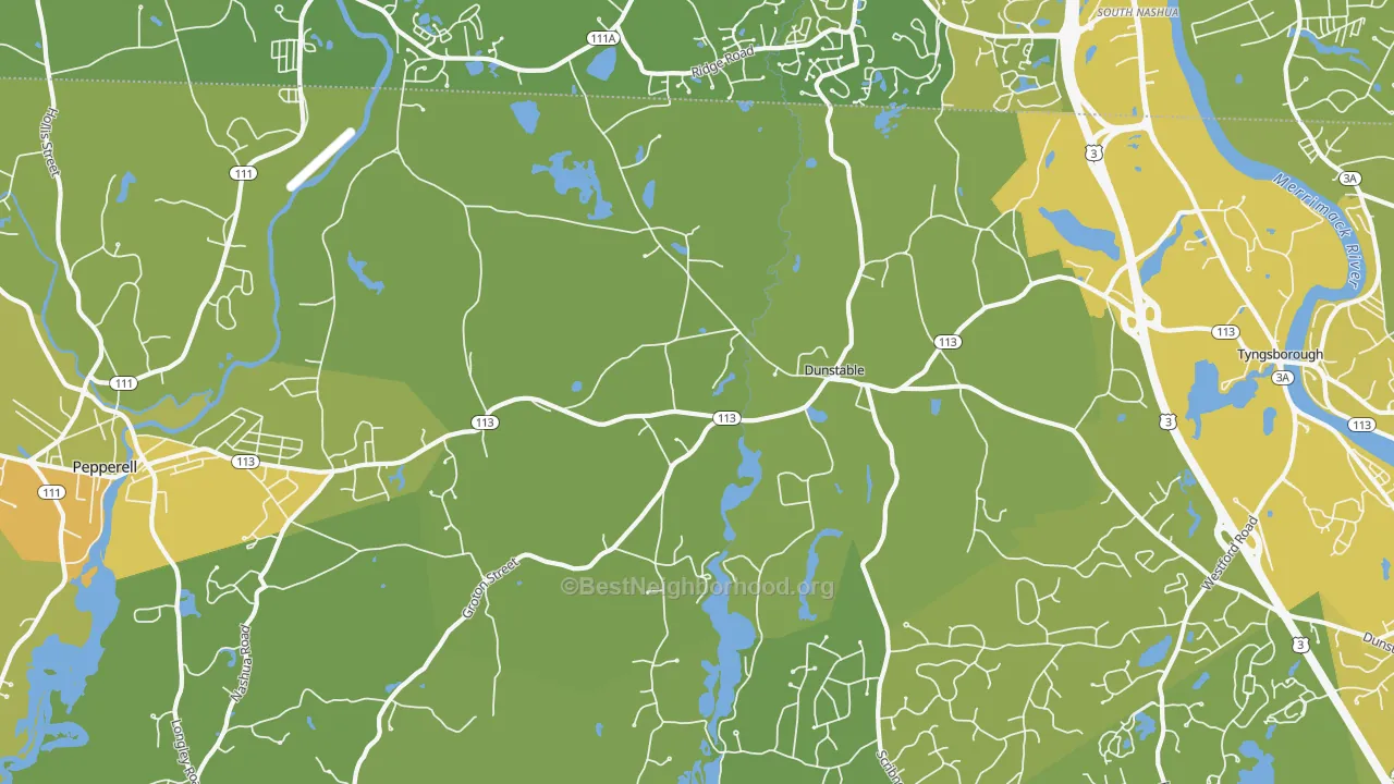 Map of the best neighborhoods in the Dunstable area, with better matches in green and worse matches in red