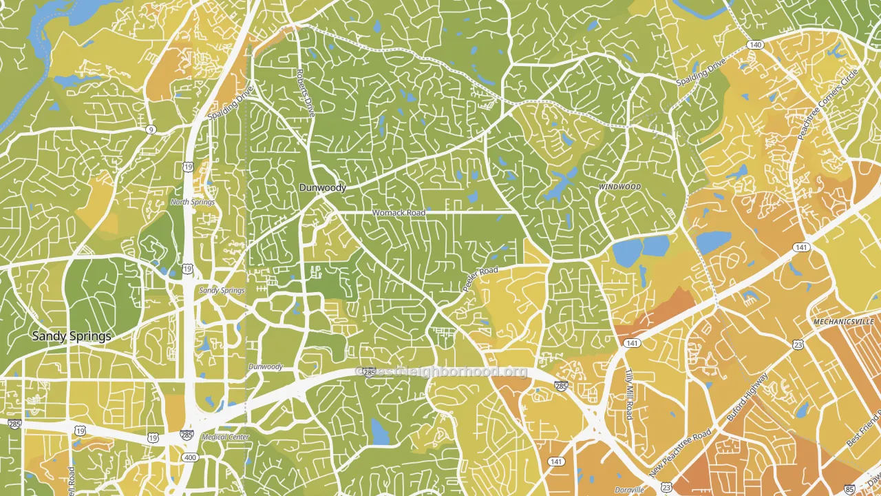Map of the best neighborhoods in the Dunwoody area, with better matches in green and worse matches in red