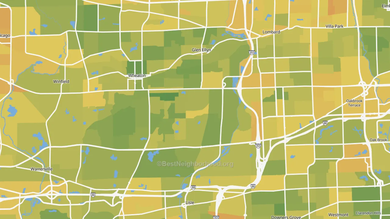 Map of the best neighborhoods in the DuPage County area, with better matches in green and worse matches in red