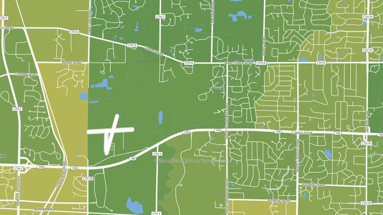 Map of the best neighborhoods in the Duplainville area, with better matches in green and worse matches in red