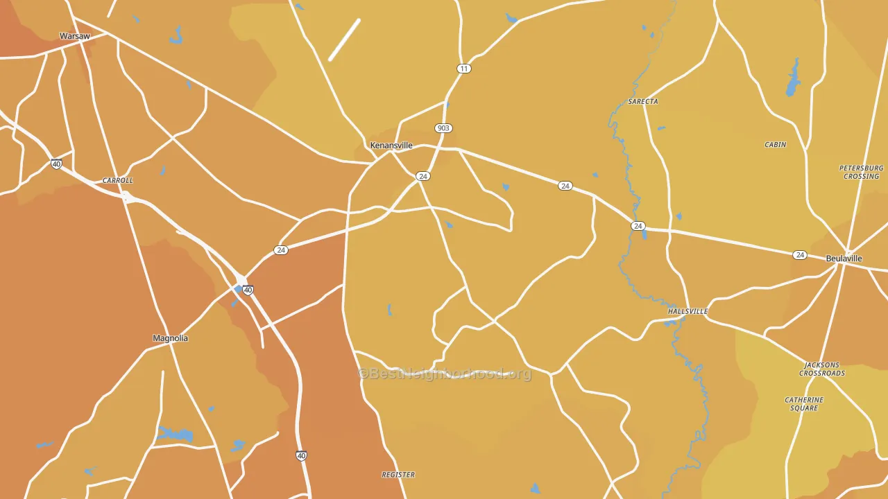 Map of the best neighborhoods in the Duplin County area, with better matches in green and worse matches in red