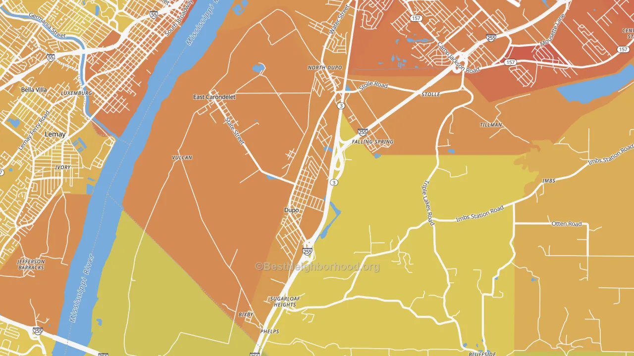 Map of the best neighborhoods in the Dupo area, with better matches in green and worse matches in red