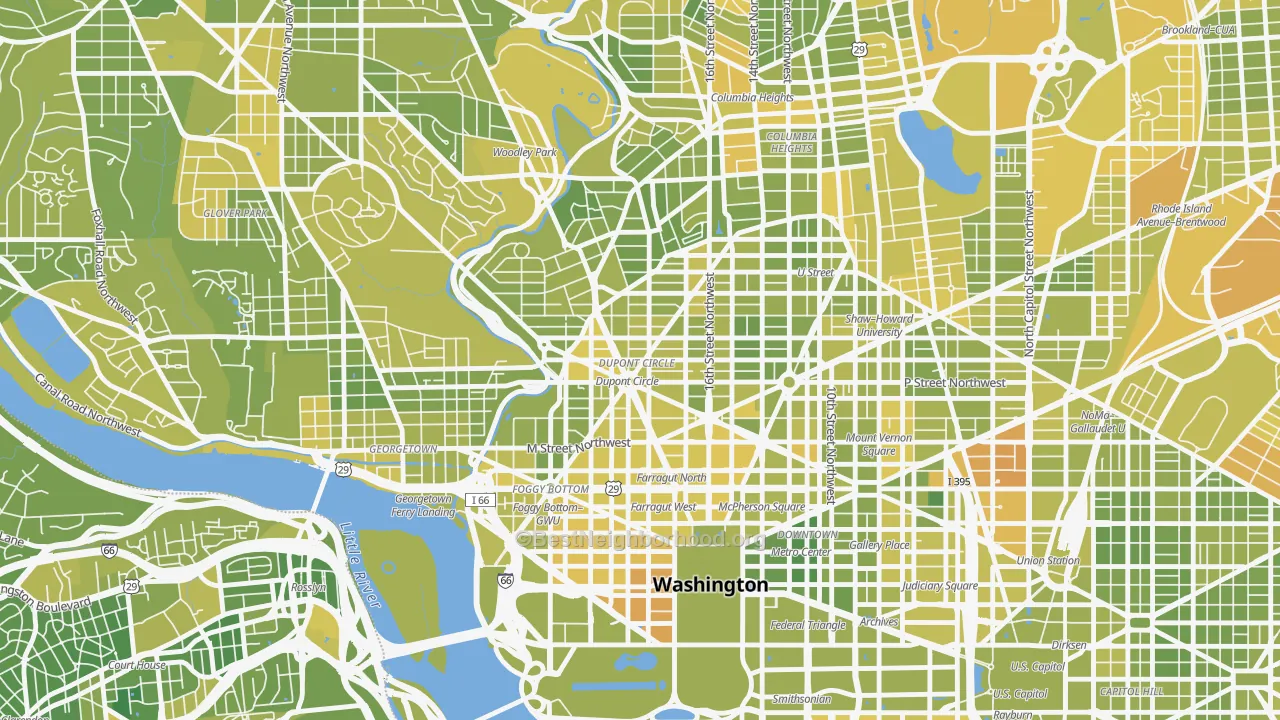 Map of the best neighborhoods in the Dupont Circle, Washington area, with better matches in green and worse matches in red