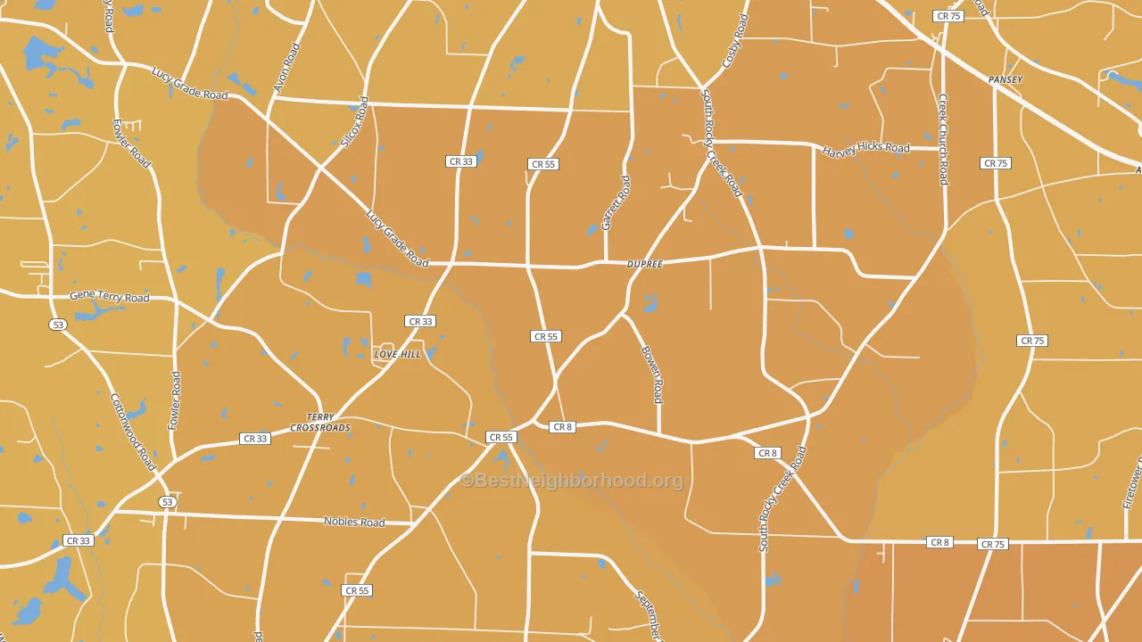 Map of the best neighborhoods in the Dupree area, with better matches in green and worse matches in red