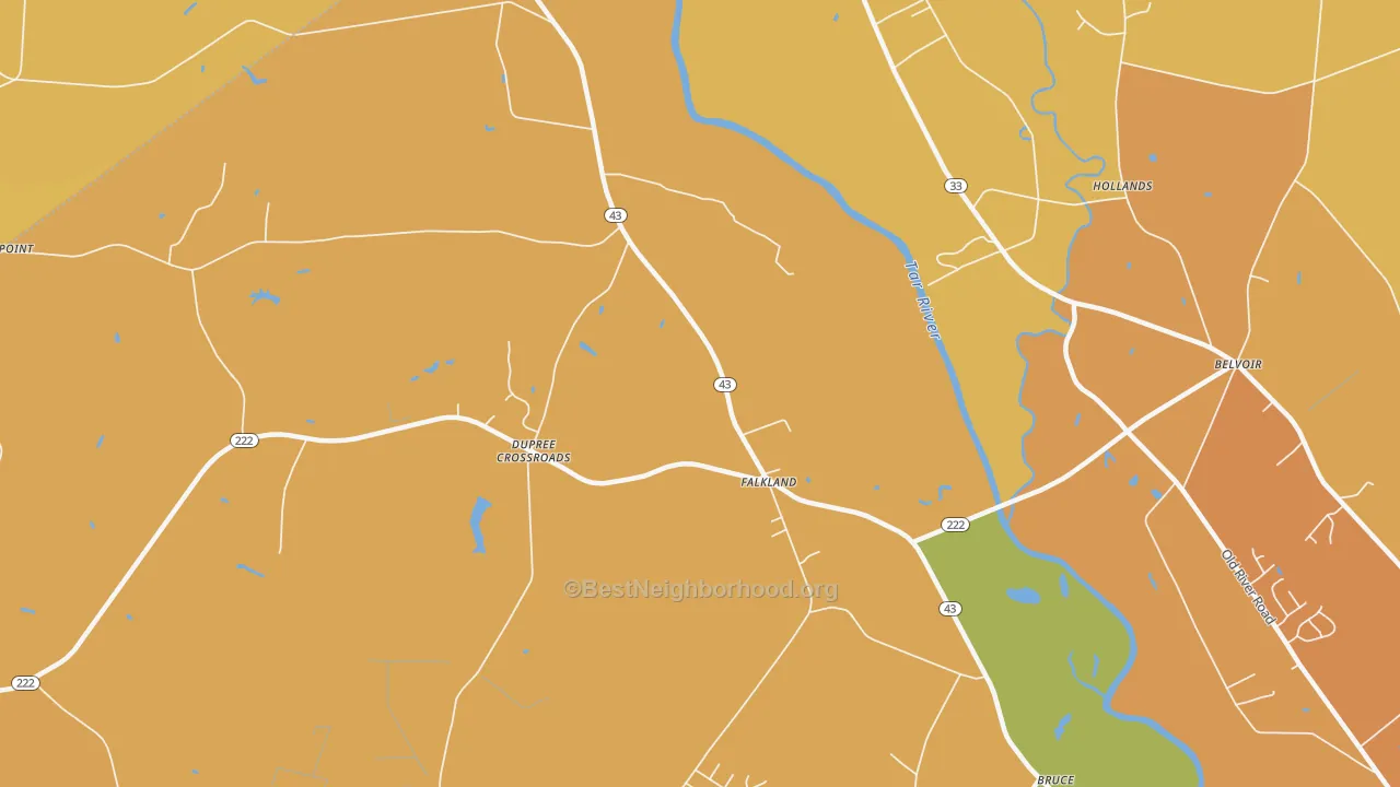 Map of the best neighborhoods in the Dupree Crossroads area, with better matches in green and worse matches in red